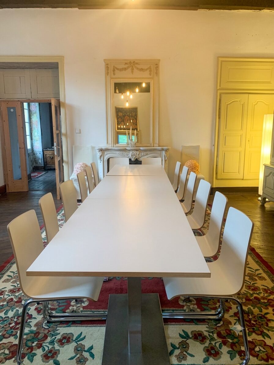 La Grande Salle : cheminée, poutres apparentes et parquet